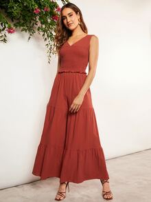 SHEIN Clasi Solid Shirred Frill Trim Top & Wide Leg Trousers - Red - View 5