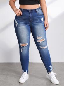 Jeans ajustados desgarro de talle alto - Azul lavado medio - Ver 1