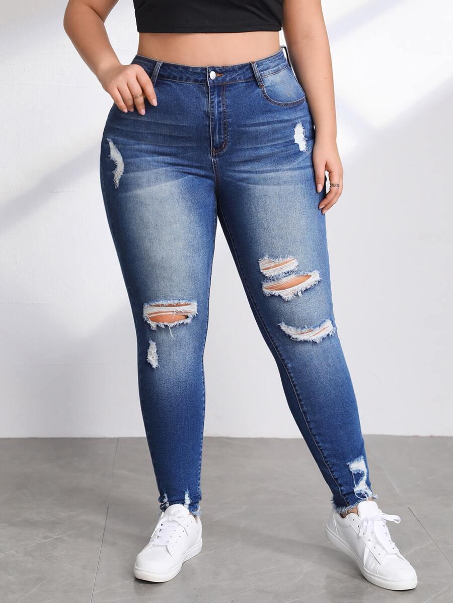 Jeans ajustados desgarro de talle alto - Azul lavado medio - Ver 1
