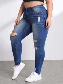 Jeans ajustados desgarro de talle alto - Azul lavado medio - Ver 5