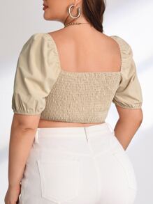 SHEIN Privé Plus Shirred Back Square Neck Puff Sleeve Hanky Hem Blouse - Khaki - View 2
