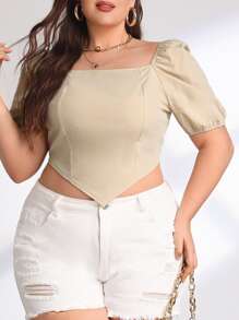 SHEIN Privé Plus Shirred Back Square Neck Puff Sleeve Hanky Hem Blouse - Khaki - View 3