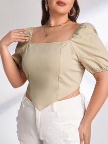 SHEIN Privé Plus Shirred Back Square Neck Puff Sleeve Hanky Hem Blouse - Khaki - View 4
