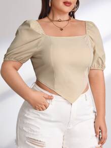 SHEIN Privé Plus Shirred Back Square Neck Puff Sleeve Hanky Hem Blouse - Khaki - View 5