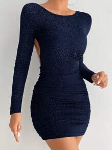 SHEIN PETITE 交叉露背褶饰紧身派对女式连衣裙 - 藏蓝色 - 查看 3