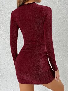 SHEIN PETITE Mock Neck Ruched Glitter Bodycon Dress - Burgundy - View 2