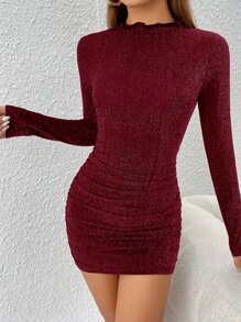 SHEIN PETITE Mock Neck Ruched Glitter Bodycon Dress - Burgundy - View 3