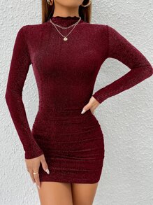 SHEIN PETITE Mock Neck Ruched Glitter Bodycon Dress - Burgundy - View 4