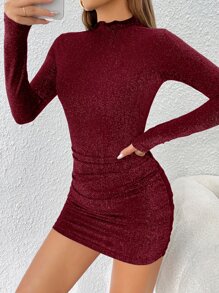 SHEIN PETITE Mock Neck Ruched Glitter Bodycon Dress - Burgundy - View 5