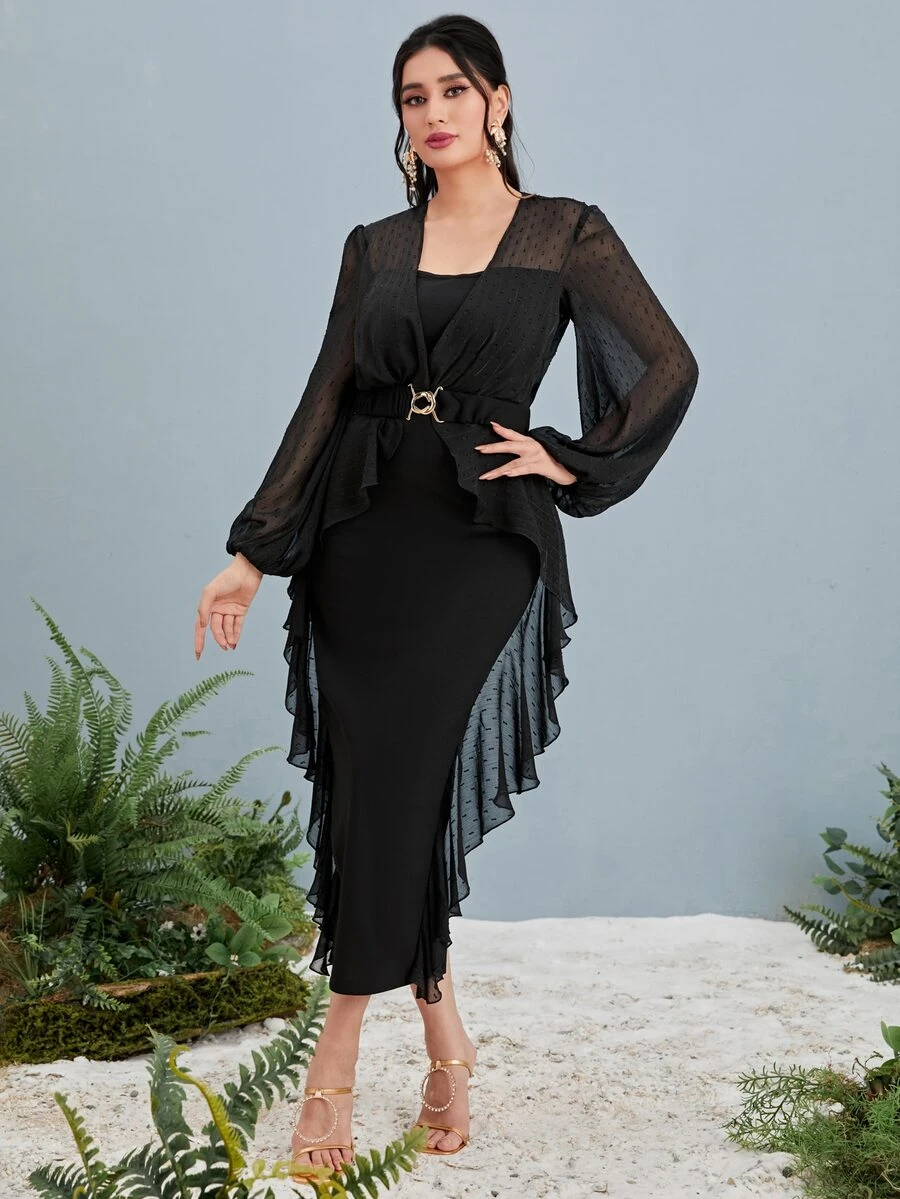 Modelyn Contrast Mesh Lantern Sleeve Ruffle Trim Dress - Black - View 1