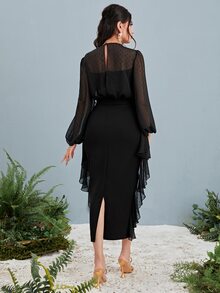 Modelyn Contrast Mesh Lantern Sleeve Ruffle Trim Dress - Black - View 2