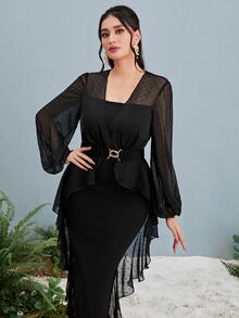 Modelyn Contrast Mesh Lantern Sleeve Ruffle Trim Dress - Black - View 3