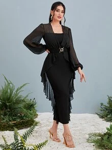 Modelyn Contrast Mesh Lantern Sleeve Ruffle Trim Dress - Black - View 4