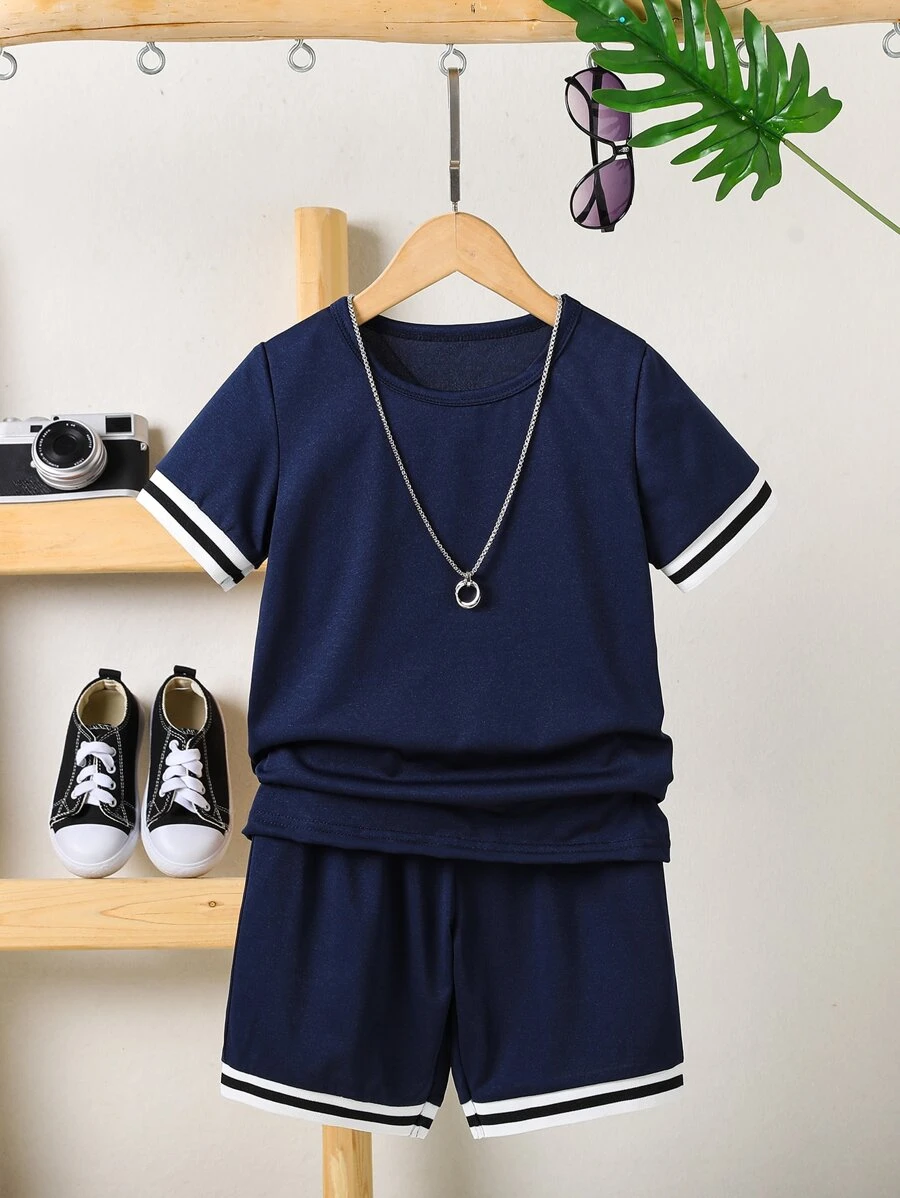 SHEIN 男童條紋修邊短袖上衣和短褲