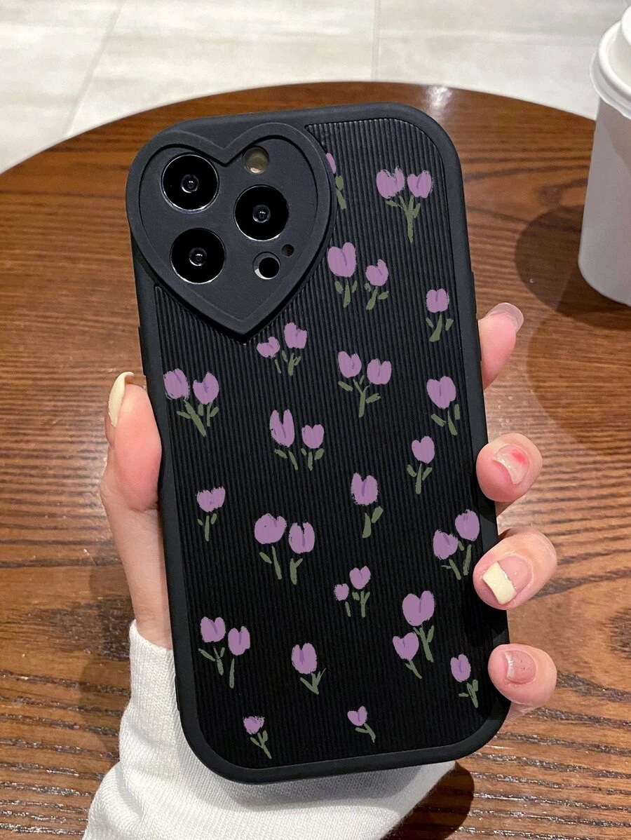 1pc TPU & PU Leather Heart & Flower Patterned Painted Phone Case Compatible With IPhone 11, 12, 13, 14, 15, 15 Pro, 15 Pro Max - Multicolor - View 1