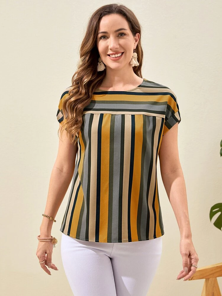 Plus Size Women's Summer Casual Vacation Country  Striped Patchwork Round Neck Short Sleeve Blouse Shirt Top, Suitable For Summer Vacation,Casual Holiday Style,Summer Outfits For Women ,Vacation Outfits Women ,Holiday Outfits For Women,Going Out Outfits, New Clothes,Simple And Fashionable For Everyday Wear,Suitable For Summer, Vacation, Daily Wear, Festival Outfits For Women,Country Concert Outfit,Beach Outfits For Women,Western Style,Boho Shirt,Festival Outfits For Women,Festa Junina