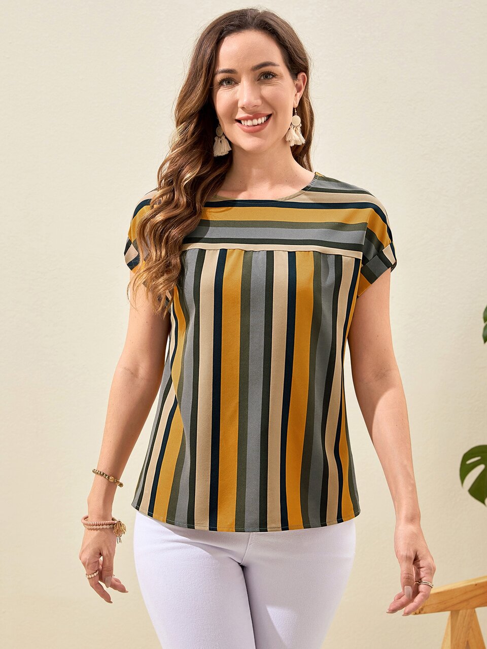 Plus Size Women's Summer Contrast Striped Patchwork Short Sleeve Blouse, Smart Casual Vacation Holiday Top, Boho Country Style Festival