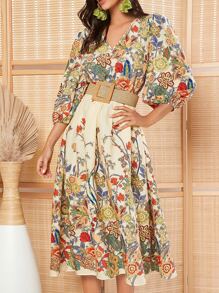 SHEIN Privé Floral Print Lantern Sleeve Smock Dress Without Belt - Multicolor - View 1