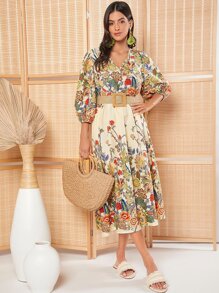 SHEIN Privé Floral Print Lantern Sleeve Smock Dress Without Belt - Multicolor - View 3