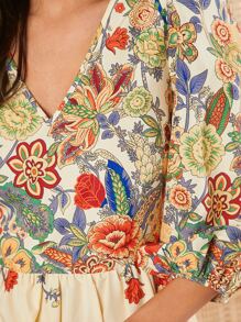 SHEIN Privé Floral Print Lantern Sleeve Smock Dress Without Belt - Multicolor - View 6