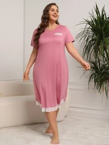 Plus Contrast Lace Nightdress - Pink - View 1