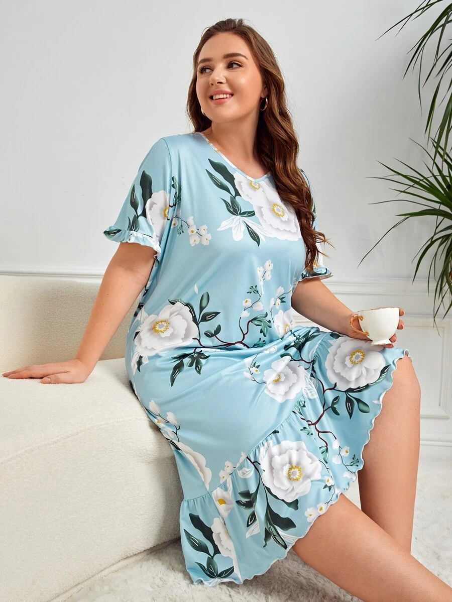 大碼印花荷葉邊睡裙 - 彩色 - 查看 1