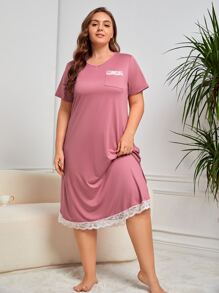 Plus Contrast Lace Nightdress - Pink - View 3