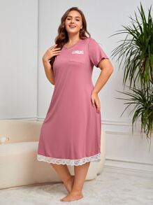 Plus Contrast Lace Nightdress - Pink - View 4