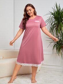 Plus Contrast Lace Nightdress - Pink - View 5