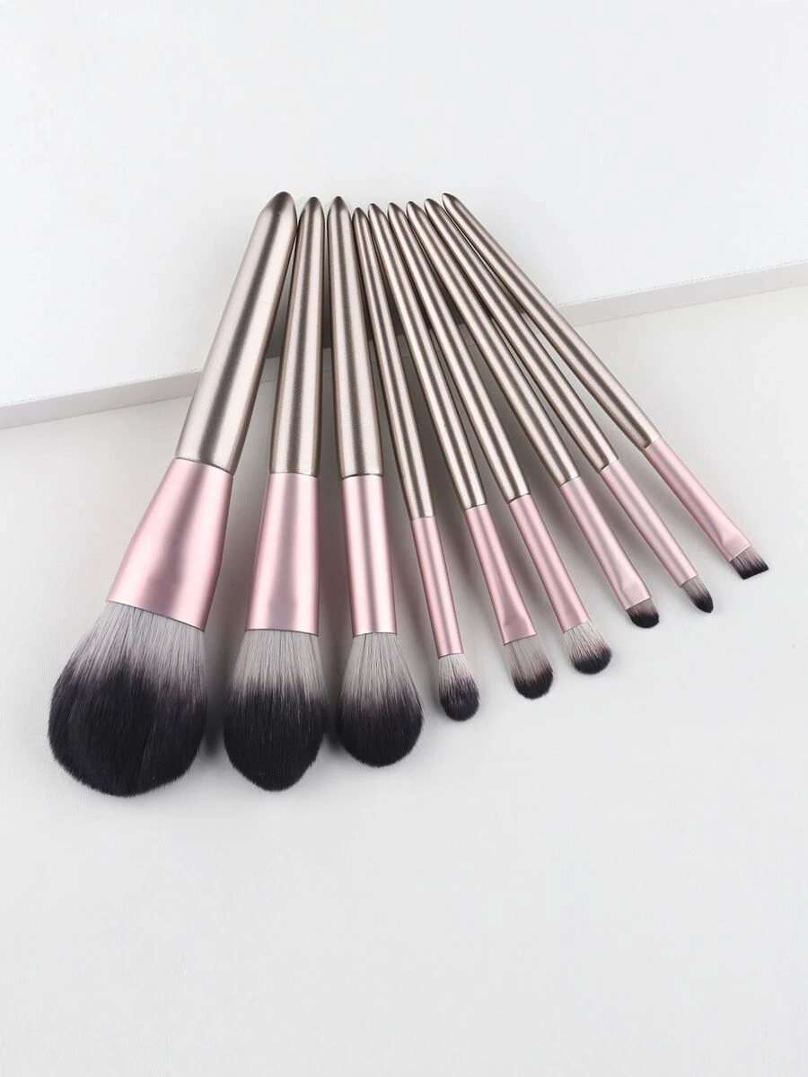 9pcs Soft Makeup Brush Set, Powder Brush, Highlighter Brush, Eyeshadow Brush, Portable Makeup Tools - Champagne - View 1