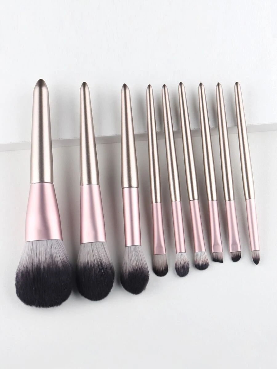 9pcs Soft Makeup Brush Set, Powder Brush, Highlighter Brush, Eyeshadow Brush, Portable Cosmetic Tools - Champagne - View 1