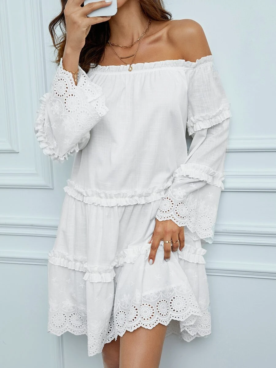SHEIN Tall Off Shoulder Eyelet Embroidery Frill Trim Dress - White - View 1