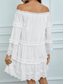 SHEIN Tall Off Shoulder Eyelet Embroidery Frill Trim Dress - White - View 2