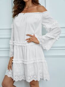SHEIN Tall Off Shoulder Eyelet Embroidery Frill Trim Dress - White - View 3