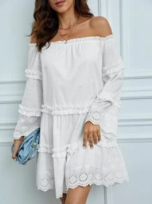 SHEIN Tall Off Shoulder Eyelet Embroidery Frill Trim Dress - White - View 4
