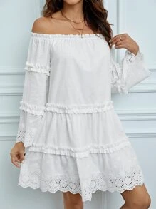 SHEIN Tall Off Shoulder Eyelet Embroidery Frill Trim Dress - White - View 5