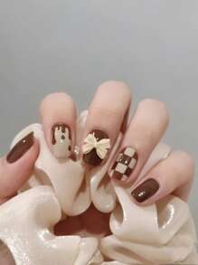 Elevate Your Style with 24pcs Short Square Brown Plaid Bow-knot Decor Fake Nail & 1sheet Tape & 1pc Nail File - Multicolor - View 1