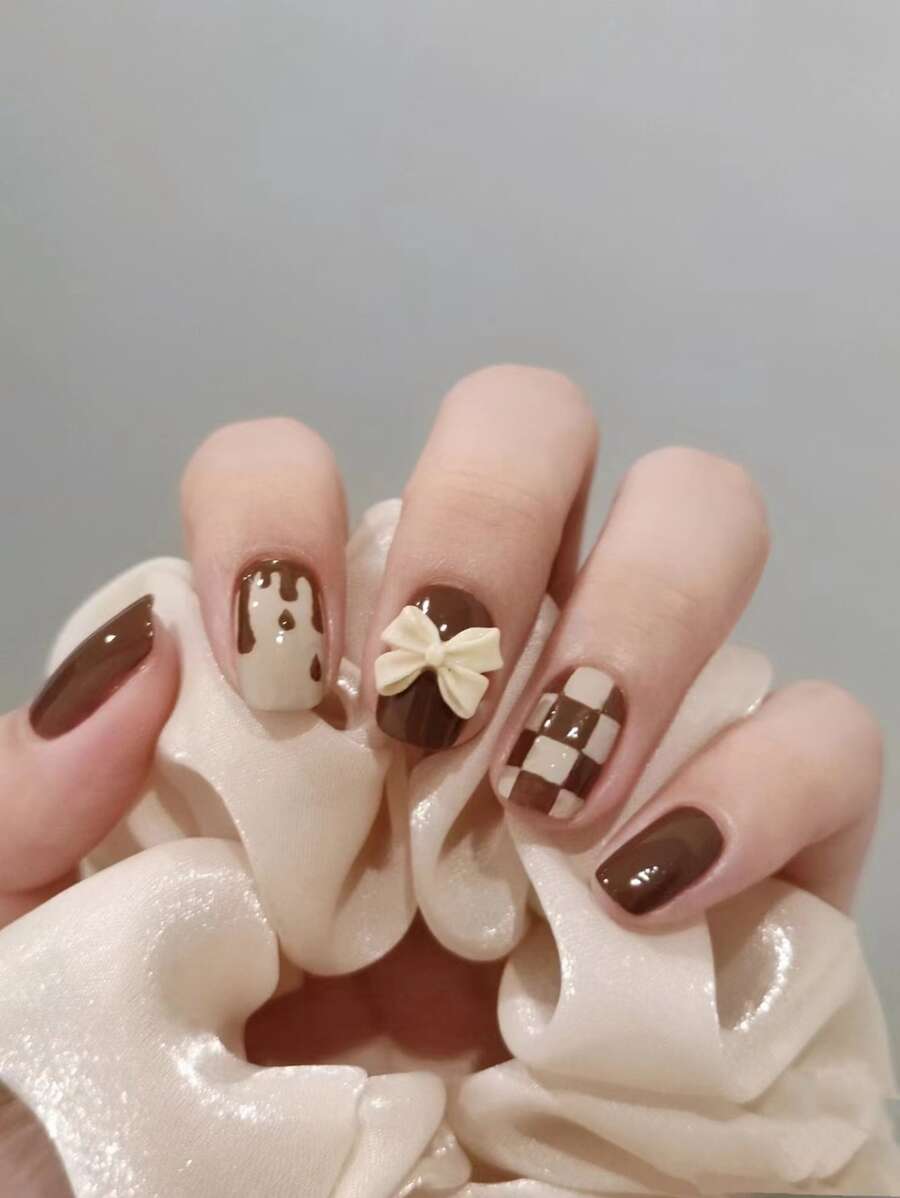 Elevate Your Style with 24pcs Short Square Brown Plaid Bow-knot Decor Fake Nail & 1sheet Tape & 1pc Nail File - Multicolor - View 1