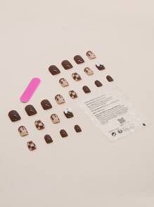 Elevate Your Style with 24pcs Short Square Brown Plaid Bow-knot Decor Fake Nail & 1sheet Tape & 1pc Nail File - Multicolor - View 2