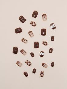 Elevate Your Style with 24pcs Short Square Brown Plaid Bow-knot Decor Fake Nail & 1sheet Tape & 1pc Nail File - Multicolor - View 5