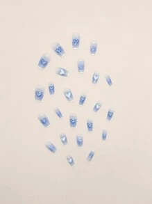 24入組長棺材形藍色漸層胭脂粉法式心形圖案假指甲+1張膠帶+1片指甲銼，貼式假指甲美甲用品 - 彩色 - 查看 5