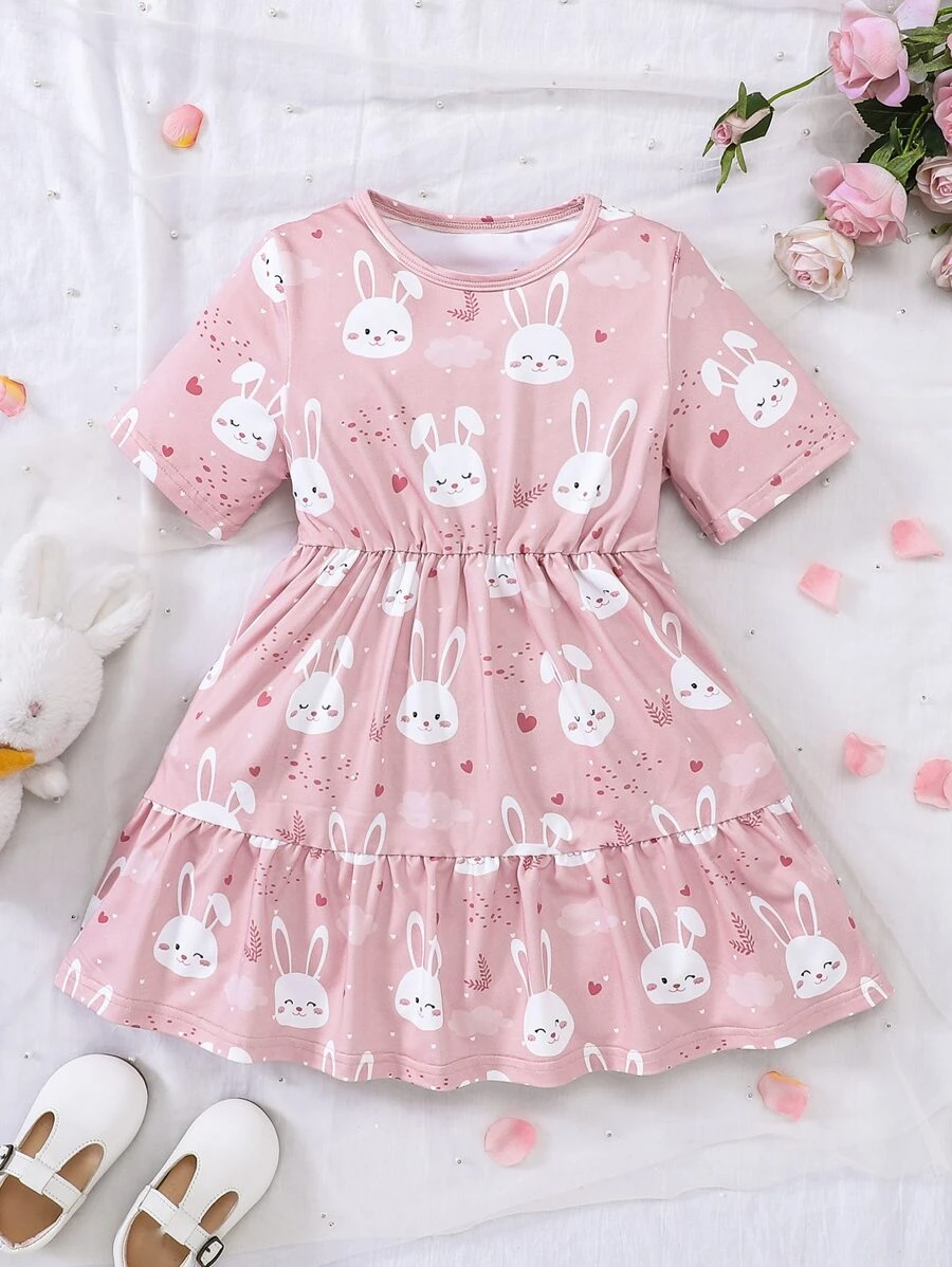 Niñas Vestido con estampado de conejo bajo con fruncido - Rosa - Ver 1