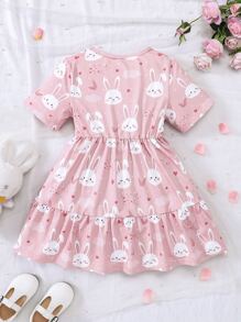 Niñas Vestido con estampado de conejo bajo con fruncido - Rosa - Ver 2