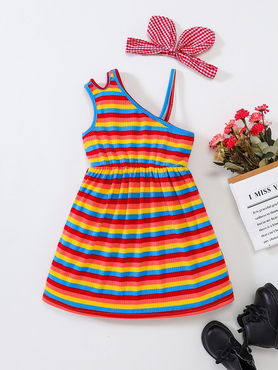 Toddler Girls Colourful Striped Cut Out Asymmetrical Neck Dress - Multicolor - View 1