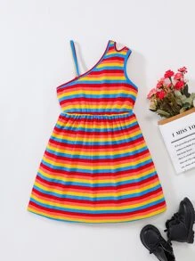 Toddler Girls Colourful Striped Cut Out Asymmetrical Neck Dress - Multicolor - View 2