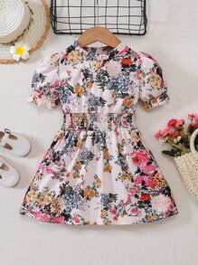 小女童印花泡泡袖褶邊洋裝