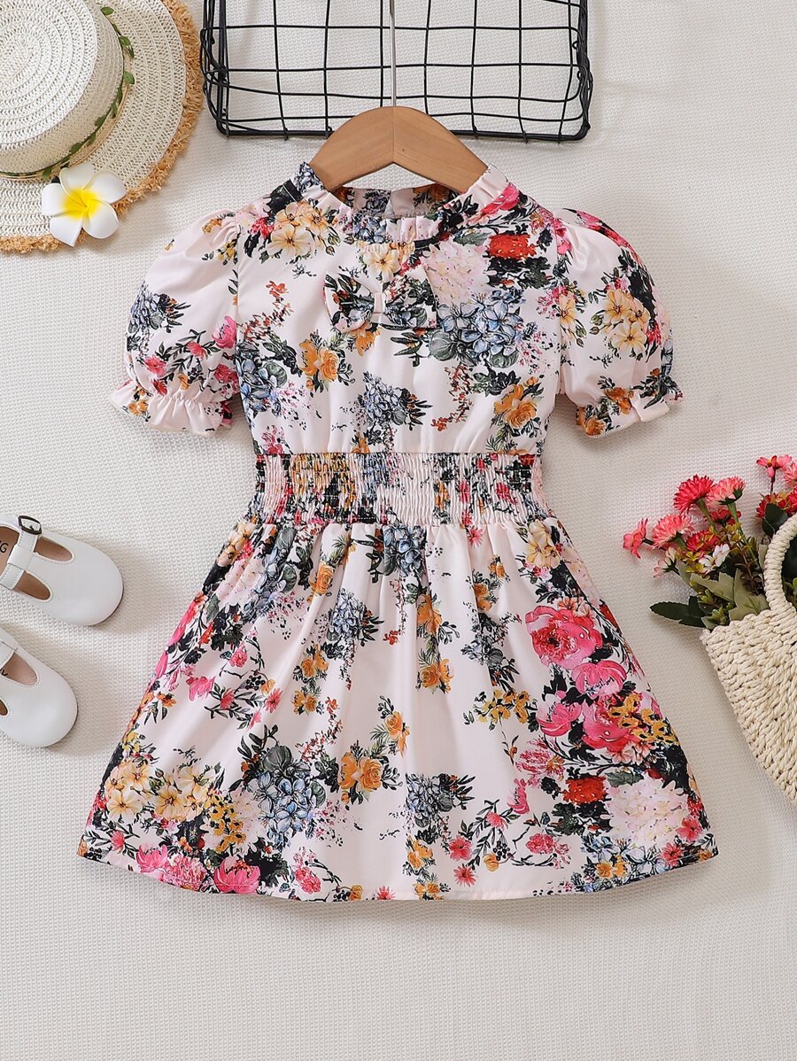 小女童印花泡泡袖褶邊洋裝