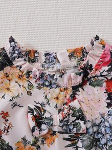 小女童印花泡泡袖褶邊洋裝