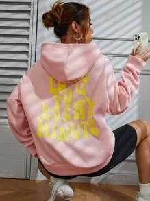 SHEIN Unity Slogan Graphic Drop Shoulder Hoodie - Pink - View 3