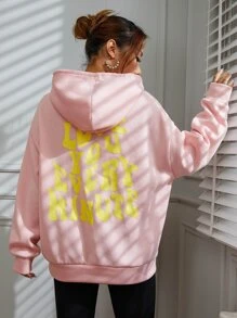 SHEIN Unity Slogan Graphic Drop Shoulder Hoodie - Pink - View 4